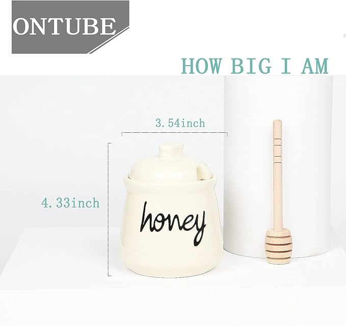 ONTUBE Honey Jar with Dipper and Lid, Ceramic Honey Pot 12oz, Beige