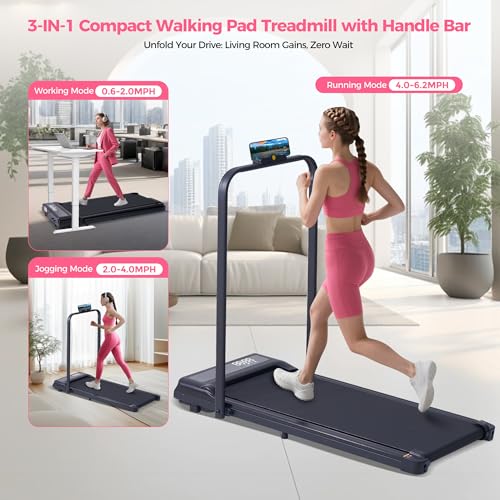 Portable Treadmill with Handles, 0.6-6.2MPH Compact Walking Pad with Handle Bar, 3.0HP Electric Walking Pads Treadmills fo...