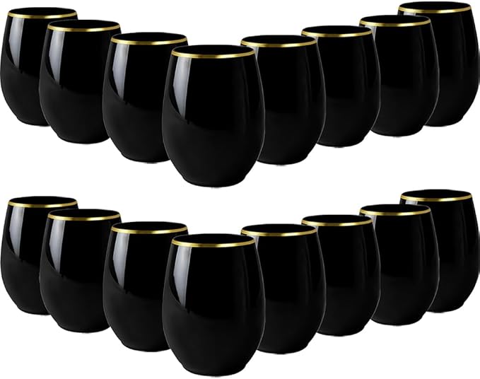 Black Stemless Plastic Wine Glasses With Gold Rim Design (12 Oz.) - Pack Of 16 - Disposable & Chic, Perfect For Parties, W...