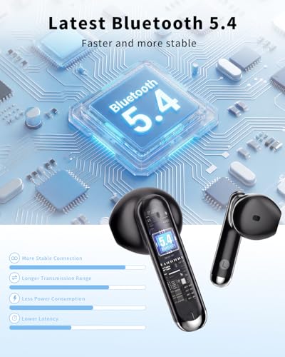 Wireless Earbuds, Bluetooth 5.4 Headphones HiFi Stereo, Ear Buds with 50H Playback, LED Display Wireless Earphones Clear C...