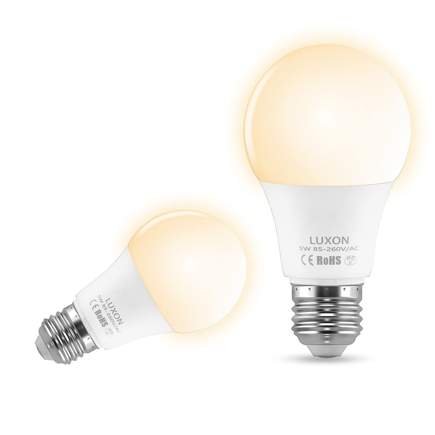 LUXON Motion Sensor Light Bulb, 5W LED, Dusk to Dawn, E26 Base, Warm White 2700K, Auto On/Off, 2 Pack