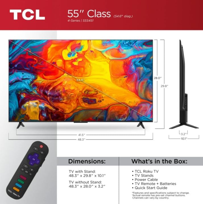 TCL 55S451 55" Class 4K (2160p) HDR10 Smart LED TV Game Mode (Renewed)
