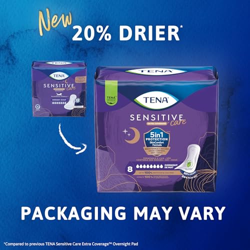 TENA Sensitive Care Incontinence Pads, Bladder Control & Postpartum for Women, Overnight Absorbency, Extra Coverage - 90 Count