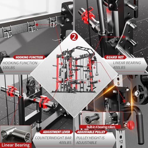 Smith Machine with Cable Crossover System, Multi-Function Squat Rack Power Cage for Home Gym, Power Rack and Packages Weig...