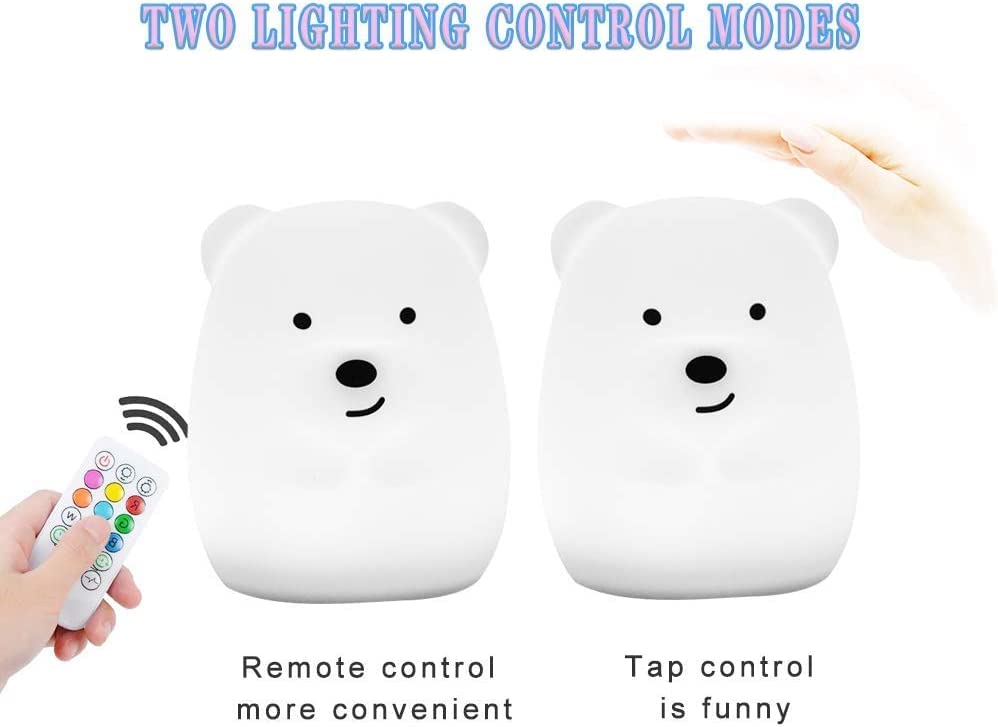 Tekemai Night Light for Kids, Multicolor Bedside Lamp, Remote Control, Large Bear, Silicone, Adjustable Brightness, White, Model TC851-8