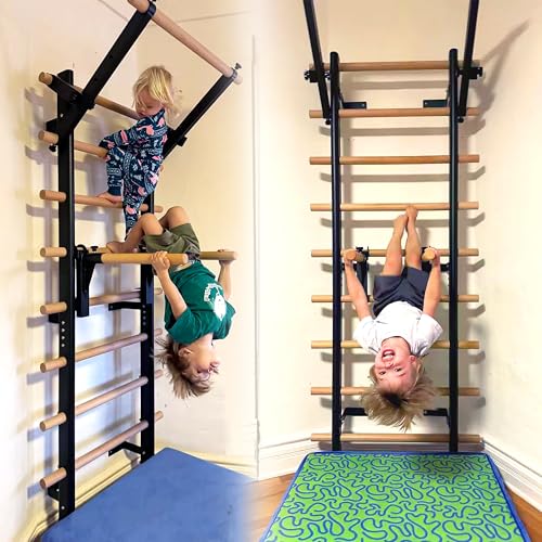PreGymnastic Stall Bars, Swedish Ladder for Adult and Kids, Wall Bar with Wood Rods, Durable Steel Frame, Adjustable Pull ...
