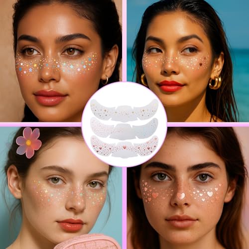 fernfern 12 Sheets Glitter Freckles Stickers for Face and Body, Star and Heart Face Tattoo for Women and Girls, Long Lasti...