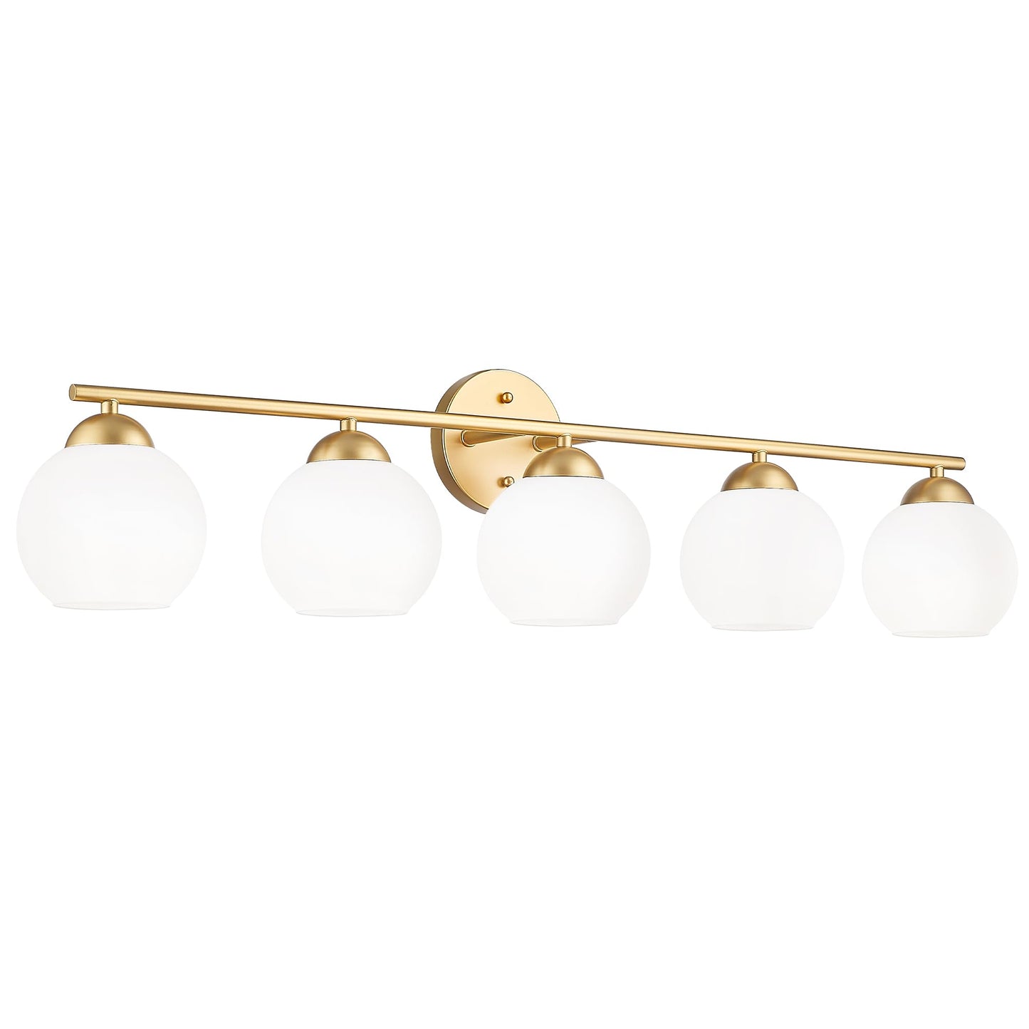 Emak 37 Inch Globe Bathroom Lighting Fixtures Over Mirror  Gold Vanity Lights With Milk Glass Shade  Modern 5-Light Bathroom Vanity Light For Mirror  Vl114-Gd-Ml-5