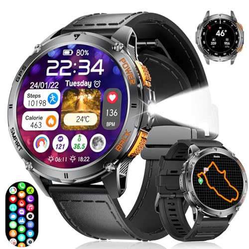 FOXBOX GPS Smart Watch for Men with LED Flashlight, 530mAh Extra Large Battery, 1.43'' AMOLED Military Smartwatch Answer/M...