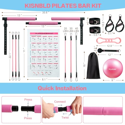 kisnbld Pilates Bar Kit with Resistance Bands, Multifunctional Pilates Bar with 3 Set Exercise Resistance Bands, Portable ...