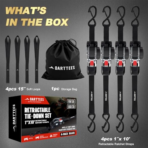 Retractable Ratchet Straps (4-Pack) - 1 Inch x 10 Feet (1,650lb Break Strength) - Heavy Duty Auto Self Retracting Tie Down...