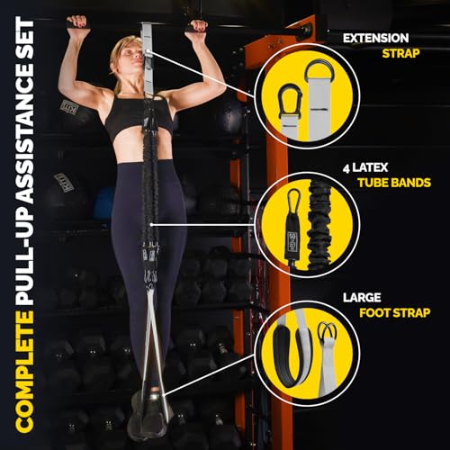 Pull Up Assistance Bands Set - 4 Heavy-Duty Pull Up Bands, Height Adjustable Strap & Comfortable Foot Strap - Stackable Pu...