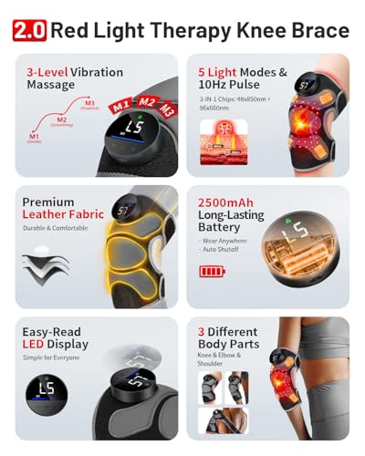 Upgraded PRO Red Light Therapy Knee Brace & 4 Vibration Massage - Rechargeable Controller, 660nm&850nm Red Light Therapy H...