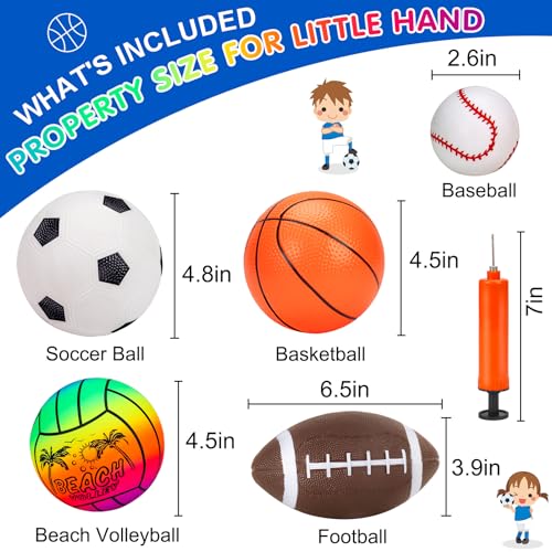 5 Pack Sports Balls Set for Kids with Bag Toddlers 1-3 Football Soccer Basketball Baseball Volleyball Outdoor Toys for 1 2...