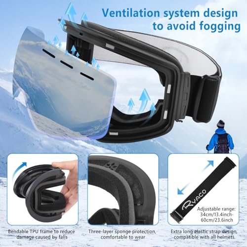Ryaco Ski Snowboard Goggles, OTG Anti Fog Interchangeable Magnetic Lens, 100% UV Protection, for Men Women Youth Adult