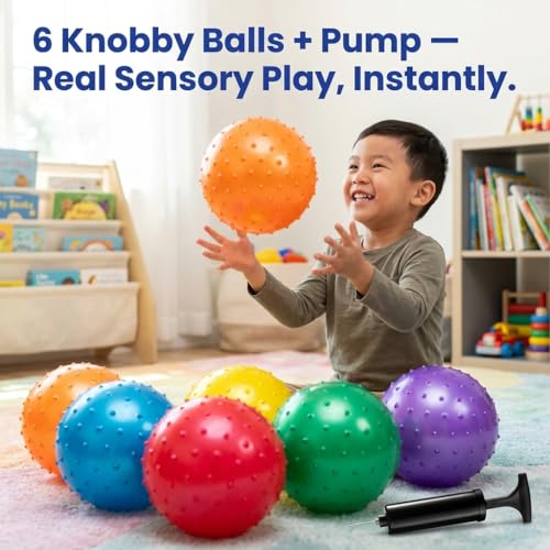 Bedwina Knobby Balls - Bulk 7 Inch Sensory and Spiky Massage Stress Balls for Toddlers, with Pump, Fun & Bouncy for Toddle...