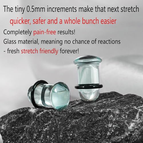 Casvort Unique 0.5mm Increments 14G-00g Comfy Pain-free Single Flare Glass Dead Stretching Plugs, Hypoallergenic Body Pier...