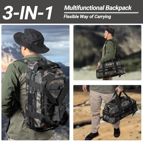 Hannibal Tactical 35L Large Duffle Bag, 3-in-1 Tactical Backpack MOLLE Pack for Sports/Gym/Outdoor, Black Camo