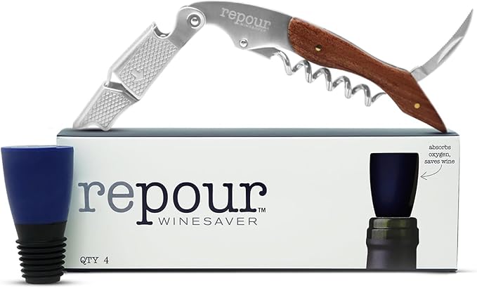 Repour Wine Essentials Combo Pack – Premium Corkscrew & Wine Saver | Manual Wine Key Removes Corks Easily, Wine Stopper Preserves Wine Easily|Perfect for Wine Lovers and Enthusiasts (Rosewood 4 Pack)