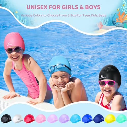 Kids Long Hair Swim Cap for Girls Boys, 3 Size Silicone Swimming Cap for Age 1-15 Toddler Children Teens, Waterproof Swim ...