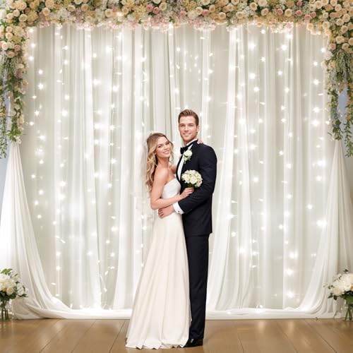 10ft x 10ft White Chiffon Backdrop Curtain with Lights String for Parties,2 Panels Sheer Tulle Curtain Wedding Backdrop wi...