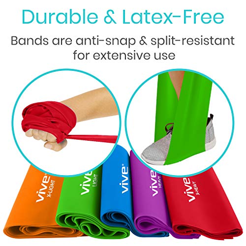 Vive Flat Resistance Band (5 Piece Set) - Stretch Bands for Exercise, Physical Therapy, Yoga - Elastic Bands, Long Stretch...
