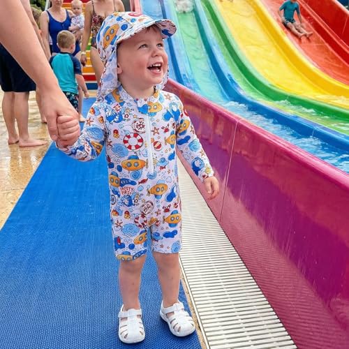 Baby Boy Rash Guard Swimsuit Color Block Long Sleeve Zipper One Piece Swimwear Toddler Bathing Suit ＋ Shark Sun Cap