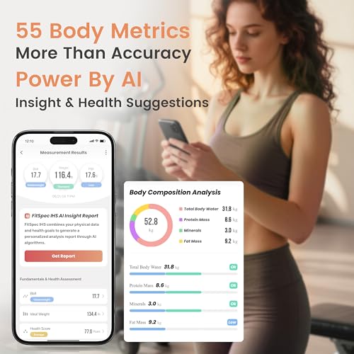 Wonder Core FitSpec - Smart Scale with AI Analysis, 55 Metrics Body Composition for Body Fat, BMI, Muscle Mass, 8 Electrod...