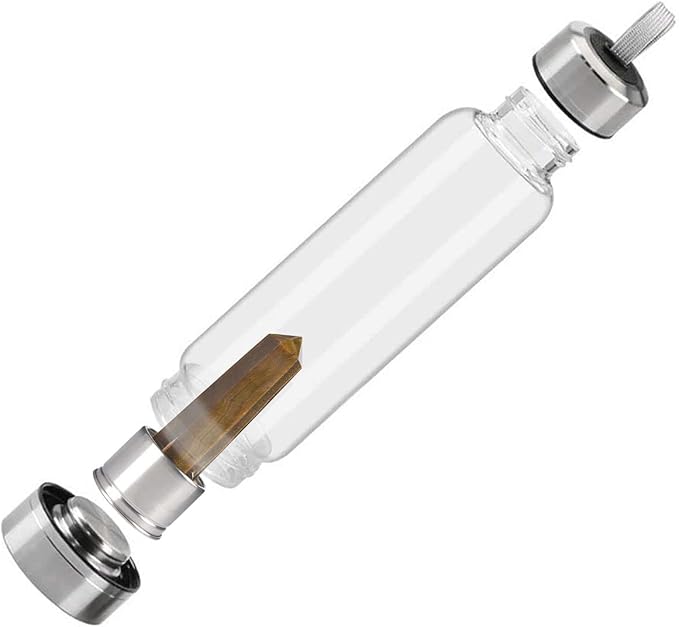 Crystal Glass Water Bottle, Glass Water Bottle with Changeable Natural Crystal Center, Quartz Gemstone Water Bottle for Natural