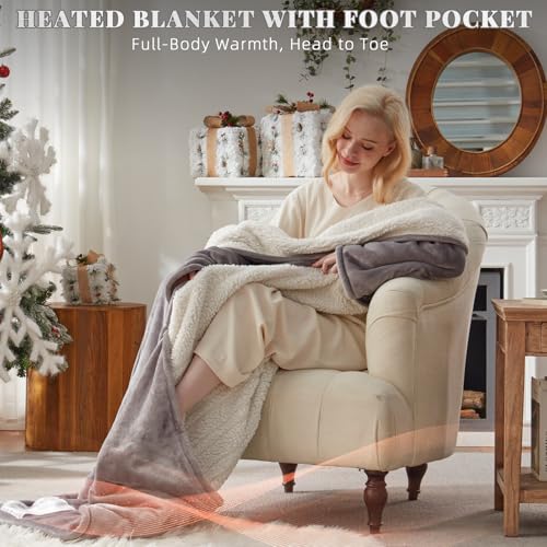 Richtry Electric Blanket Wearable with Foot Pockets & Sleeves, Electric Heated Snuggle Blanket, Flannel & Sherpa Heating T...