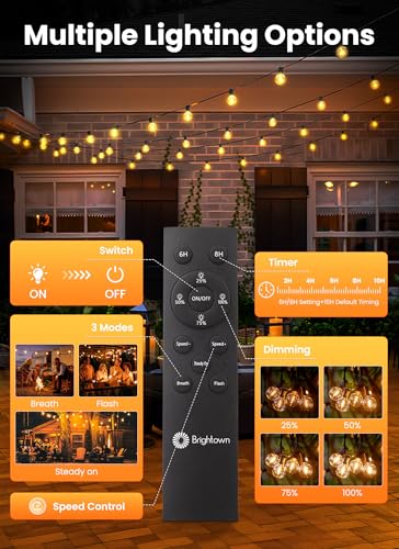 Brightown 108FT 52 LED Solar String Lights Outdoor with Remote & USB Port, Shatterproof Bulbs, Dimmable & Timable, 3 Light...