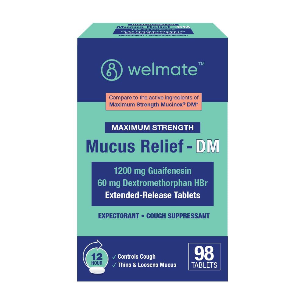 WELMATE - Maximum Strength Mucus Relief DM (98 Servings) - 1200mg Guaifenesin + 60mg Dextromethorphan HBr - 12-Hour Expectorant, Cough Relief - 98 Extended-Release Tablets