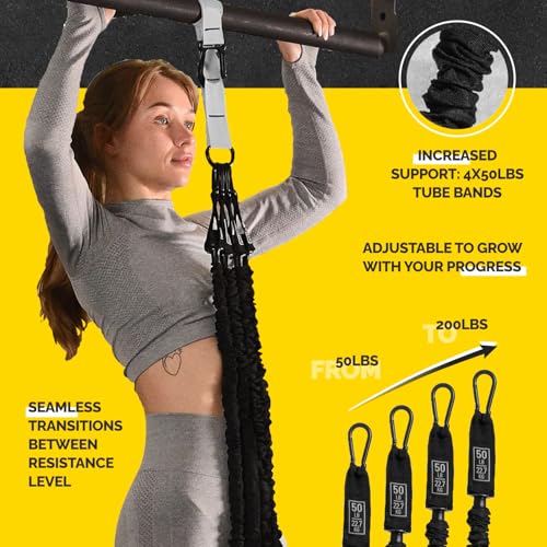 Pull Up Assistance Bands Set - 4 Heavy-Duty Pull Up Bands, Height Adjustable Strap & Comfortable Foot Strap - Stackable Pu...