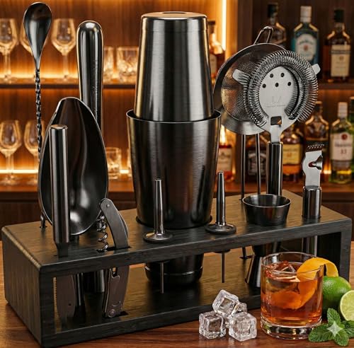 Highball & Chaser 13-Piece Gunmetal Black Stainless Steel Boston Cocktail Shaker Bar Tool Set with Mixology Bartender Kit ...