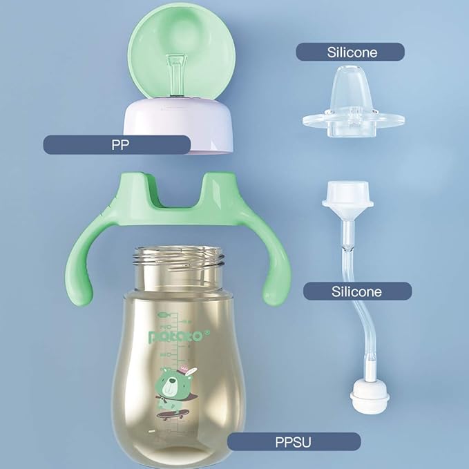 POTATO Sippy Cups For Toddlers with Straw Spill Proof, PPSU Learner Cup with Handle for Babies, Water Bottle for Baby 6 Months with 2 Type of Spout, 6 Ounce Green
