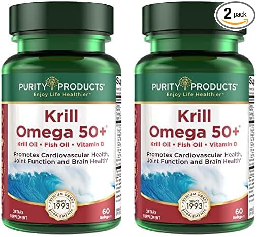 Purity Products Krill Omega 50 (Krill + Fish Oil Blend 1000mg + Astaxanthin 500mcg + Phospholipids 200mg + Vitamin D 500 IU) - 60 Mini Softgels (Pack of 2)