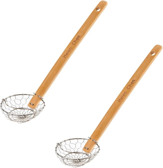 Helen’s Asian Kitchen Spider Strainer | 3-Inch Stainless Steel Basket with Sustainable Bamboo Handle for Cooking and Straining, Set of 2