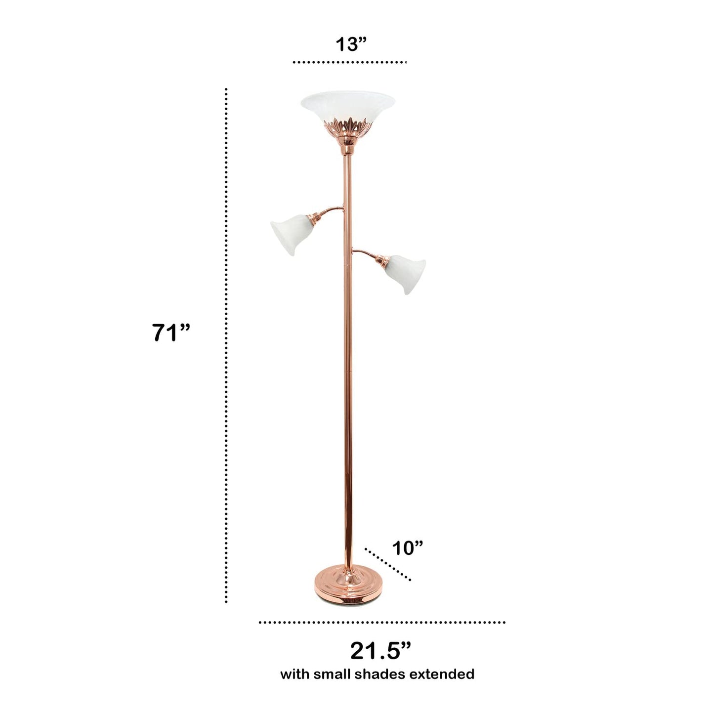 LALIA HOME Torchiere Floor Lamp with 2 Reading Lights, Metal, Rose Gold/White Shades, Model LHF-3002-RG