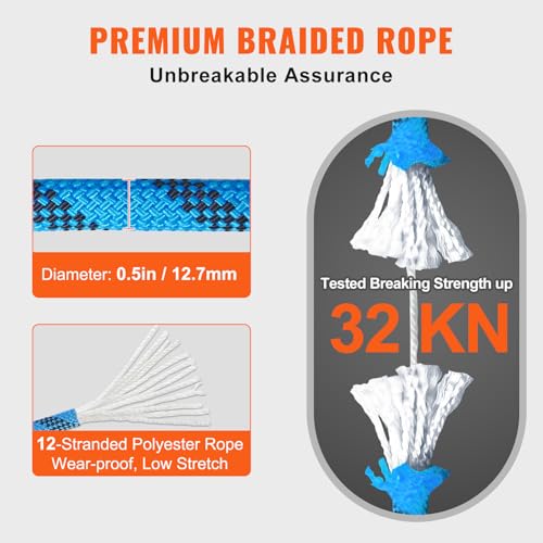 VEVOR 12.7mm Static Climbing Rope, 45.7M(150ft) Outdoor Rock Climbing Rope 30KN Breaking Tension, Fiber Rope for Escape, R...