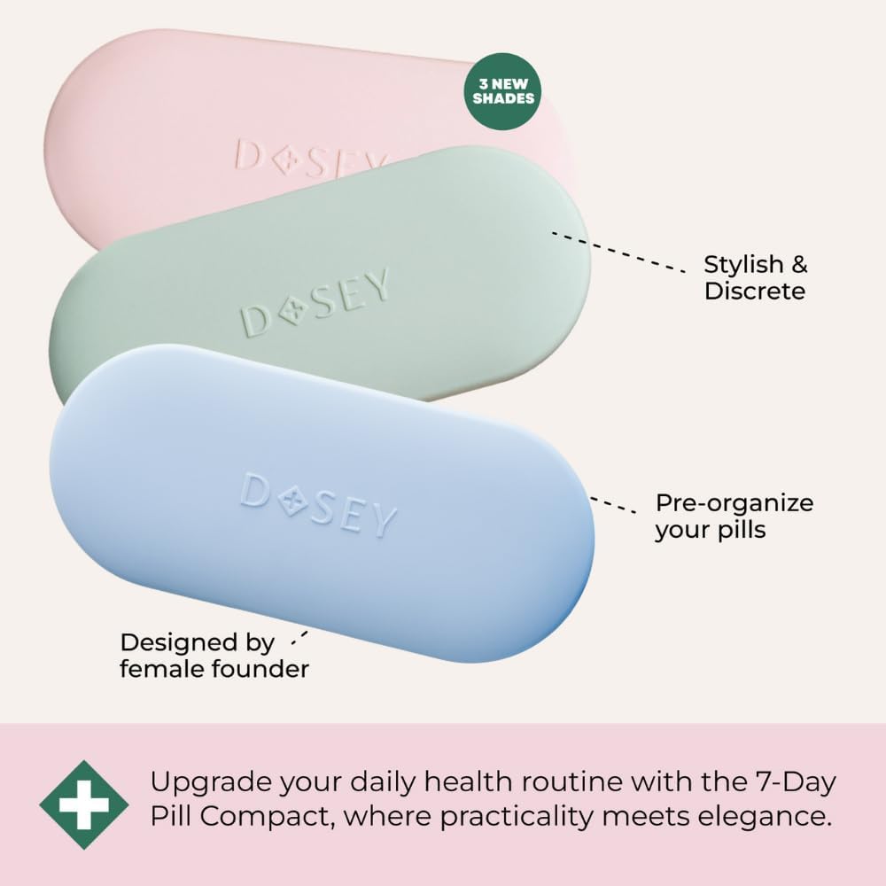 Dosey 7 Day Pill Compact Travel Pill Organizer - Pill Case with 7 Pill Compartments for Medicine Storage & Protection – Stylish & Elegant Medication Organizer with Mirror, Sage