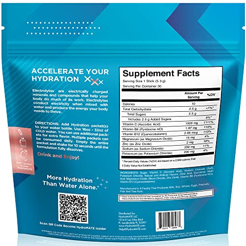 HydroMATE Electrolyte Powder Peach Tea Hydration Packets Low Sugar 30 Count