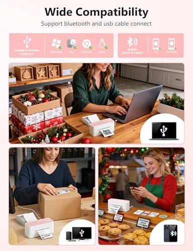 Phomemo Bluetooth Thermal Label Printer, 241BT 4X6 Wireless Shipping Label Printer for Small Business, Pink Labels Printer...