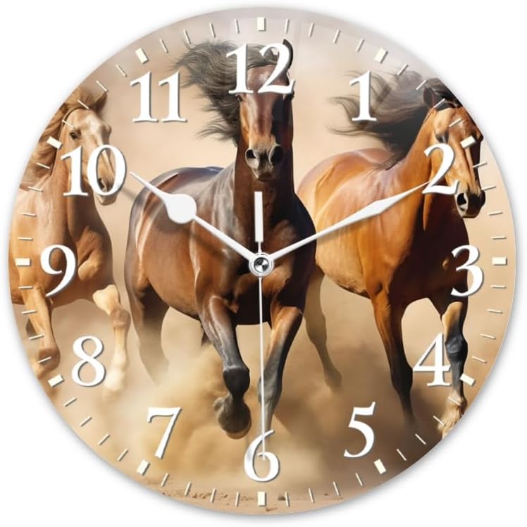 Horses Wall Clock Non-Ticking Silent Clocks Battery Operated Analog Decor Clock for Home-Horses Running Through The Desert Dust Flying(16inch)