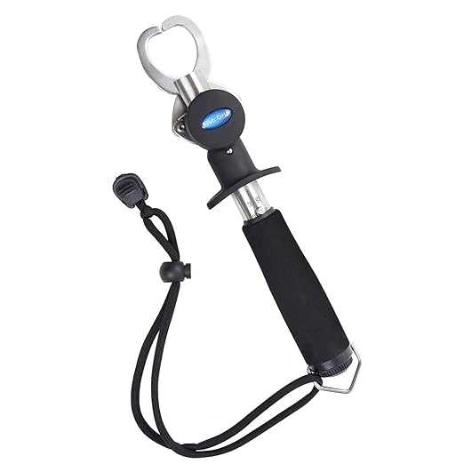 Fish Gripper with Scale – 33 lb Stainless Steel Fish Lip Gripper, EVA No-Slip Handle, Quick-Release Fish Lip Clamp, Adjustable Wrist Lanyard for Kayak, Boat & Bank Fishing