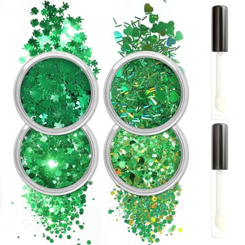 Allstarry Green Body Glitter, 4 Colors Cosmetic Green Face Glitter, Shamrock Face Eyeshadow Makeup Hair and Eye Glitter St...