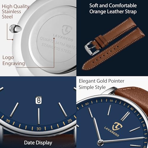 L LAVAREDO Watch for Men, Extremely Thin Mens Watches Minimalist Analog Men's Leather Wrist Watches with Time/Date, Birthd...