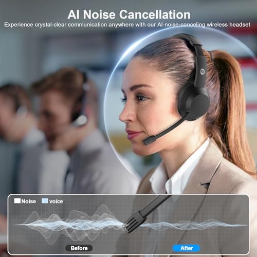 FXWONTY Wireless Headset, Bluetooth Headphones with Mic(AI Noise Cancelling), 65 Hrs Working Time with USB Dongle, Wireles...