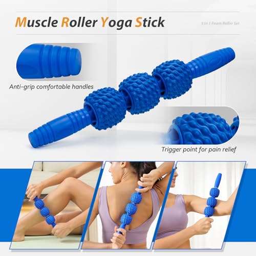 5 in1 Foam Roller Set, Trigger Point Foam Roller, Massage Roller Stick, Massage Ball, Resistance Band for Deep Muscle Mass...