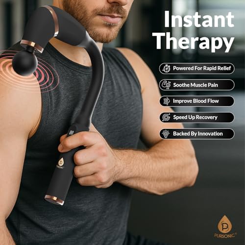 Pursonic Deep Tissue Massage Gun with U-Shaped Design & Long Handle – Handheld Back Massager with 4 Heads, 6 Speeds, USB-C...
