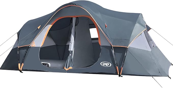 UNP Camping Tent 10-Person-Family Tents, Parties, Music Festival Tent, Big, Easy Up, 5 Large Mesh Windows, Double Layer, 2 Room, Waterproof, Weather Resistant, 18ft x 9ft x78in